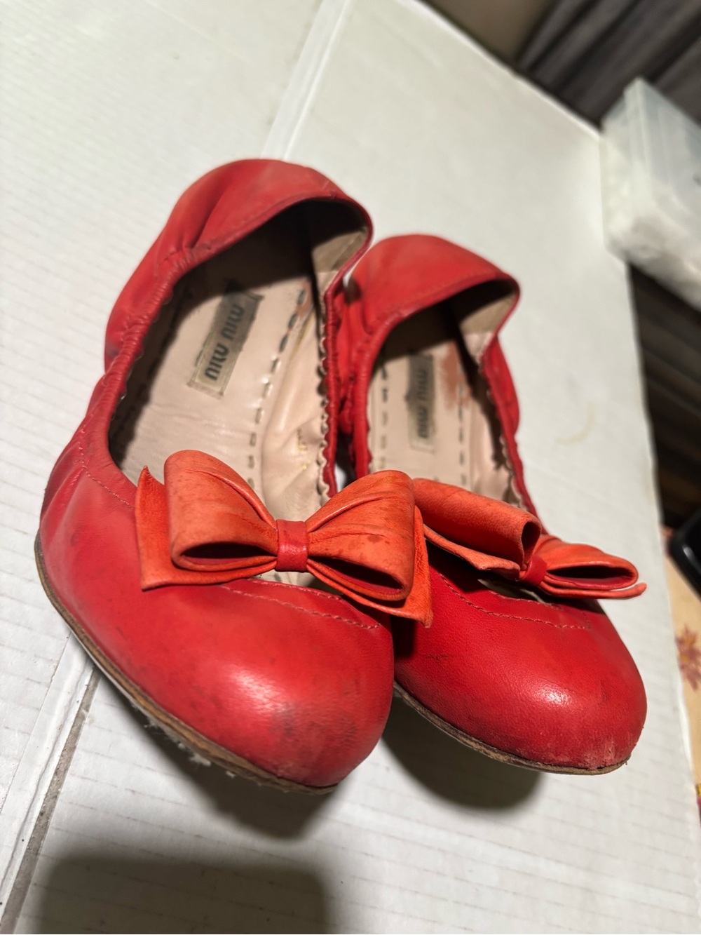 Miu Miu Coral Red Bow Leather Ballet Flat - Picture 15 of 16